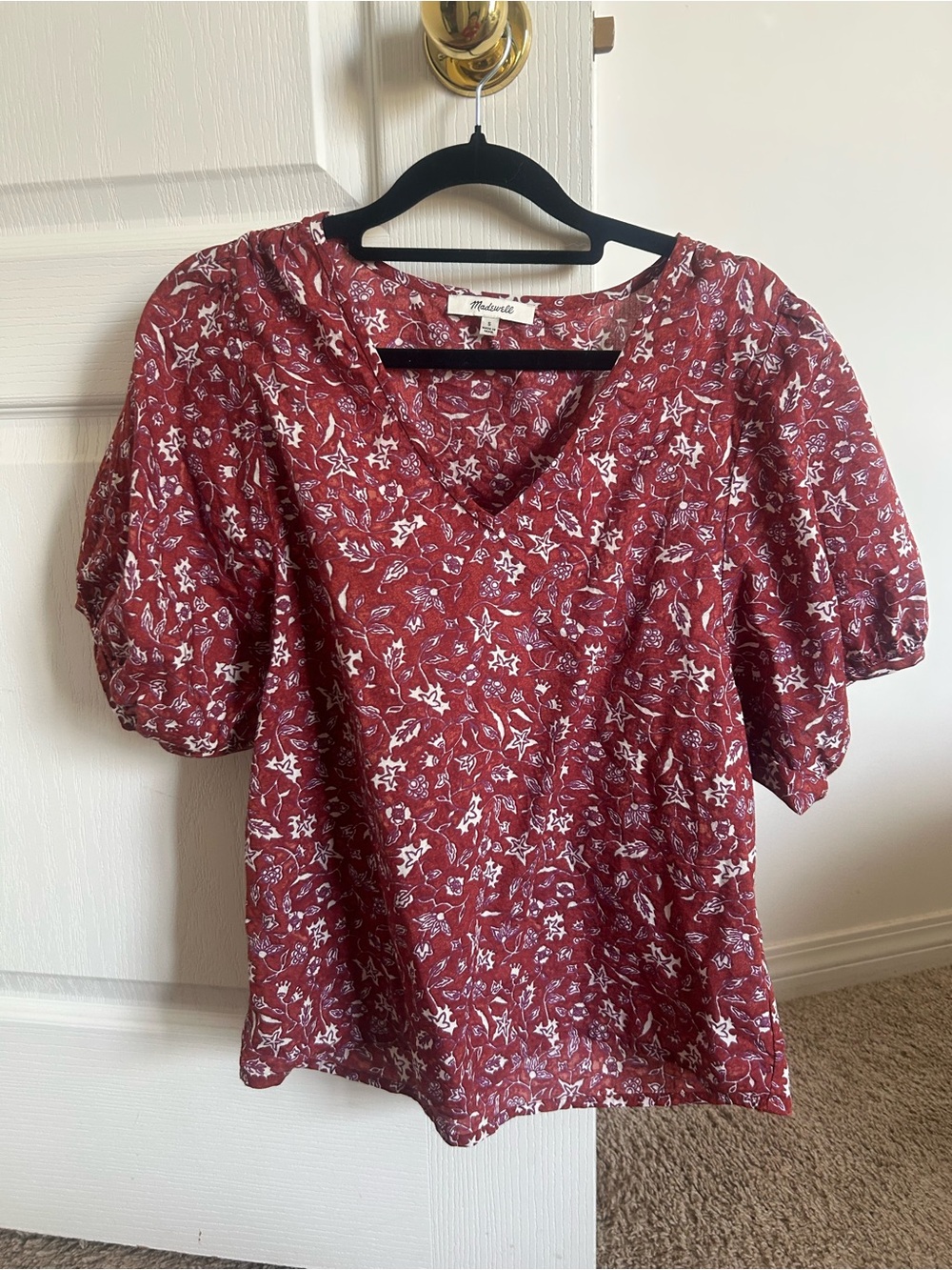 Madewell Rust Red Floral V-Neck Puff Sleeve Top